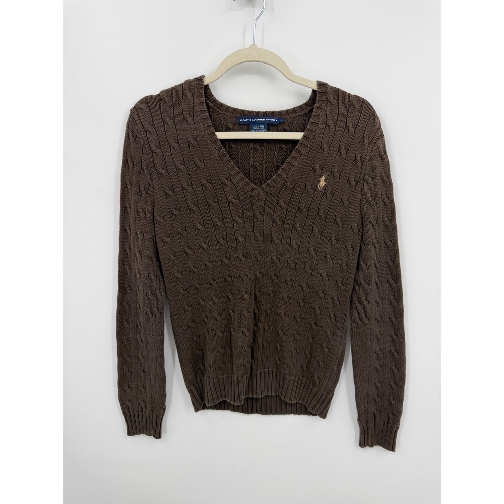 Ralph Lauren Sport Cable Knit Sweater Women Size L Brown V-Neck Cotton Pony Logo